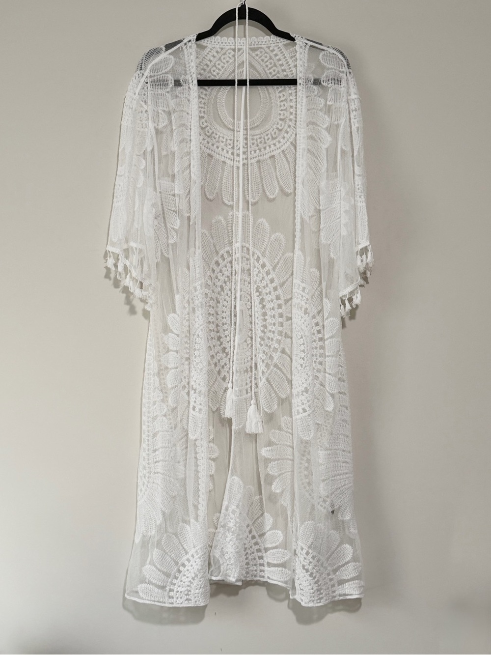 White Lace Boho Open-Front Kimono Cardigan with Waist Tie - Picture 10 of 10